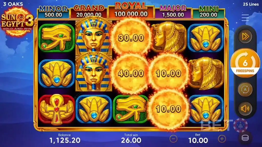 Функция Hold & Win активирована в слоте Sun of Egypt 3 jackpot